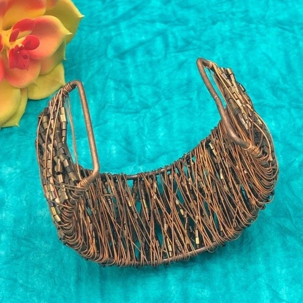 🌼 Copper Brown Color Bead Wrapped Cuff Bracelet